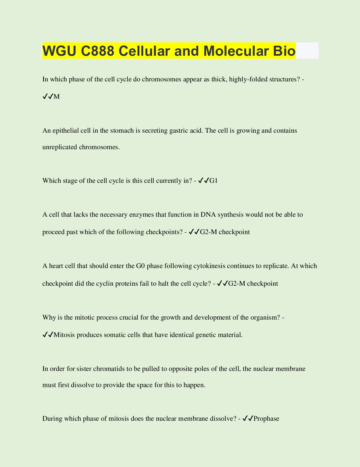 Preview image for WGU C888 Cellular and Molecular Bio  | 60 Questions with 100% Correct Answers | Verified | Latest Update